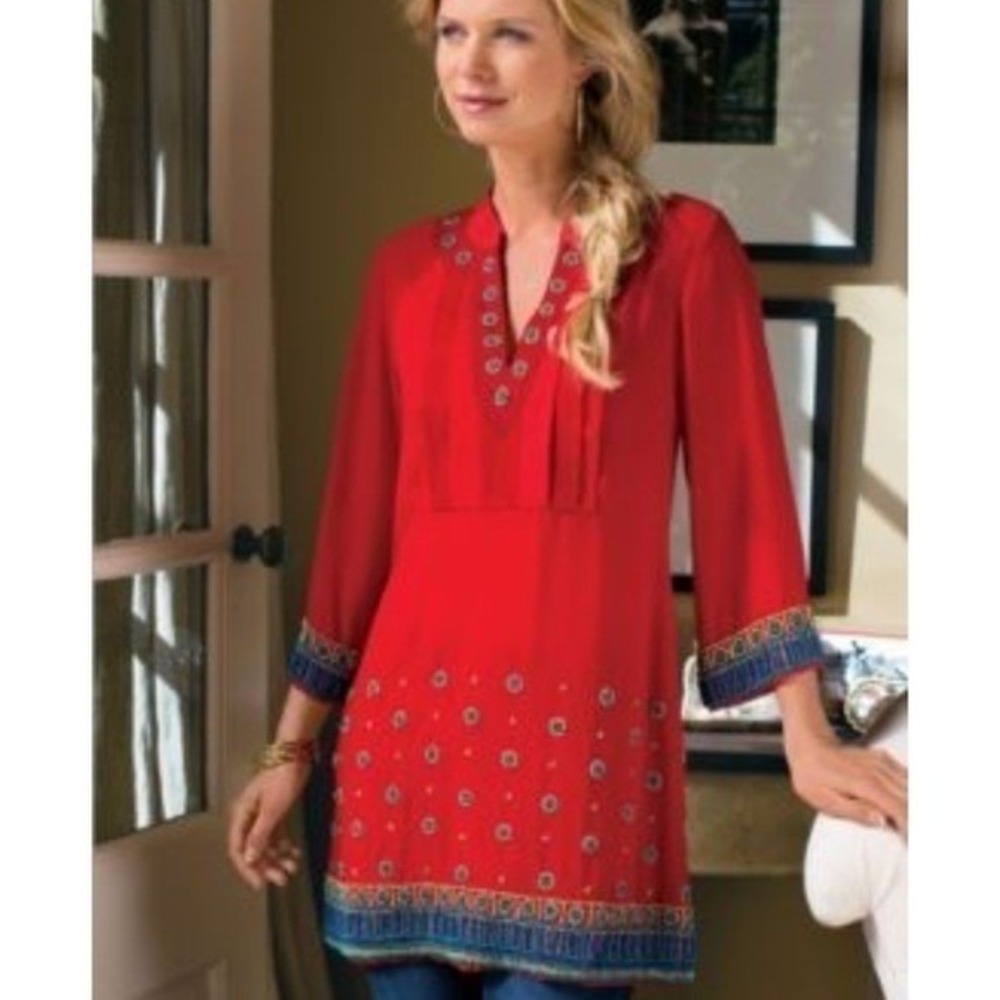 Soft Surroundings Tunic Women Medium Red Beaded Embroidered Split‎ Neck 26313